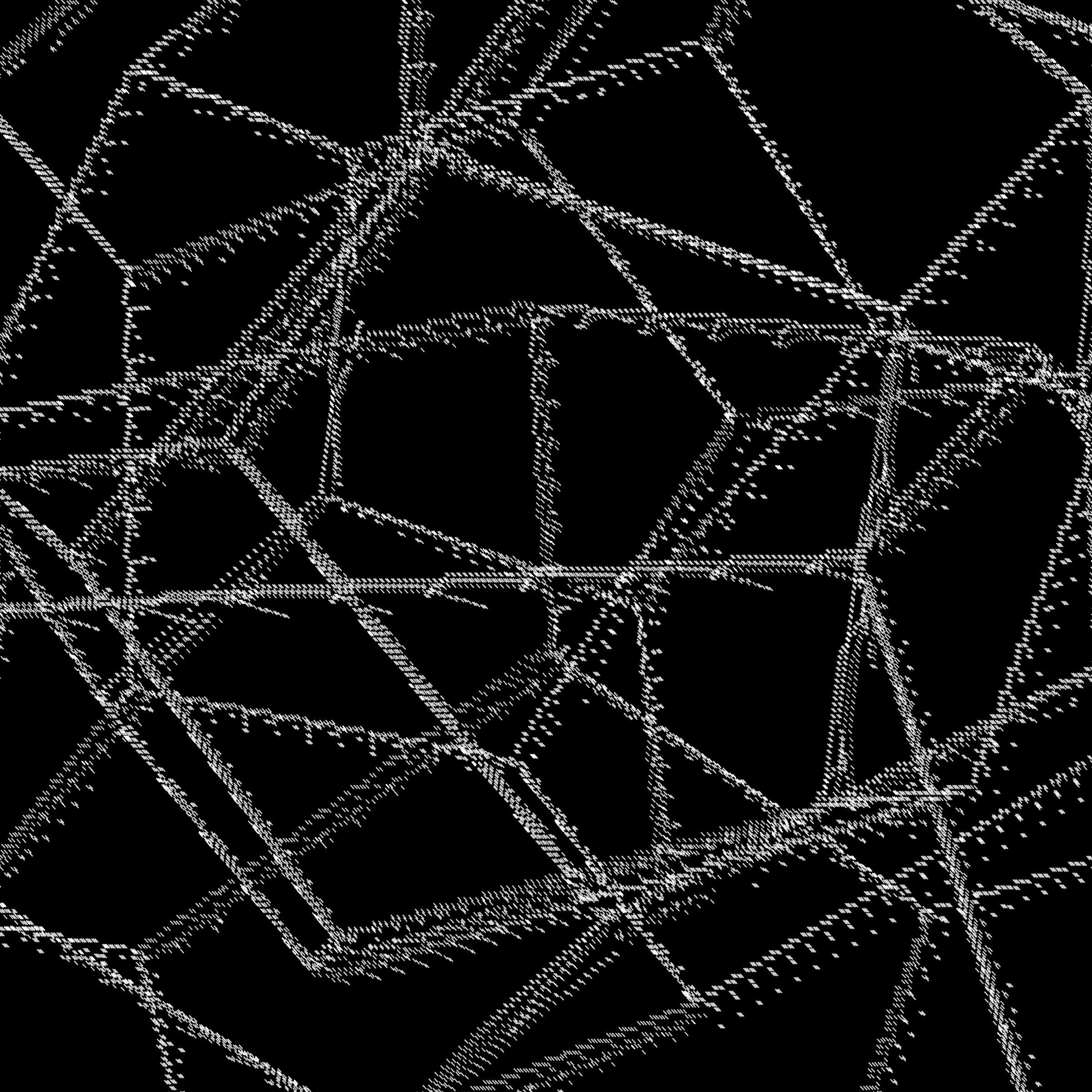 Black field with granular white lines and unstable polygonal and dodecahedral suggestions.